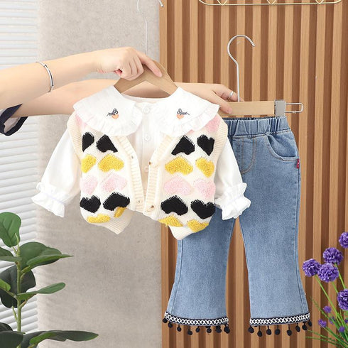 Love Sweater Vest Three Piece Set Baby Girl Lapel Shirt Long Sleeve Set